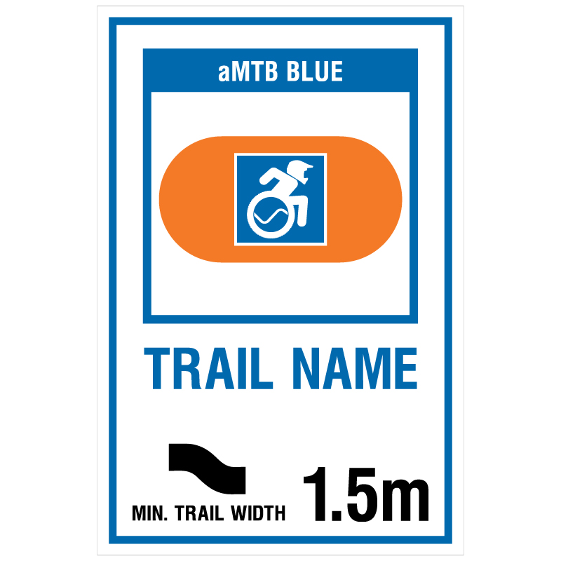 aMTB Blue - Intermediate features and steeper terrain. Signage for adaptive mountain biking freeride trails shows trail designation surrounded by an orange pill. The aMTB symbol indicates accessibility for adaptive bikes/riders on adaptive bike-friendly aMTB trails on trail networks.