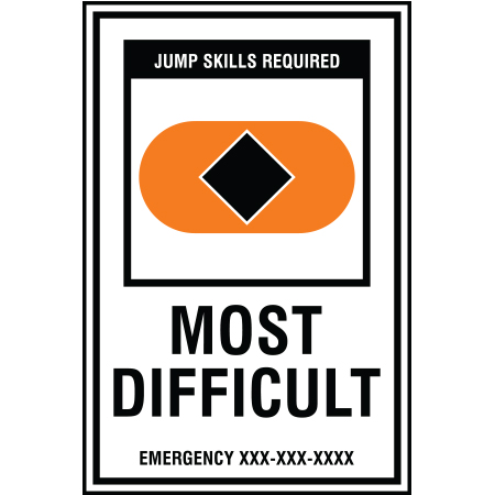 B210 12 x 18, Black Diamond Freeride Mountain Bike Trail Sign, Most Difficult, Emergency #, coroplast and 12 gauge sign grade aluminum sheeted with top quality, high performance print* or vinyl graphics, direct people in all trail systems, technical, cross-country, freeride, downhill, professional, difficulty levels, choose your symbol, custom, mountain bike risk and liability, safety, summer, trail, downhill.. Click to expand image