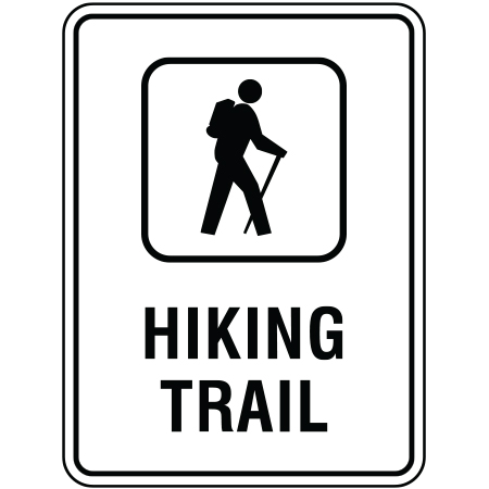 R100 18 x 24, Hiking Trail, White Reflective Aluminum Sign, simple message for all parks and recreational facilities. Signs can be easily adapted to BC Parks, Parks Canada, rules and conditions of your specific area, jurisdiction, produced by Inter-Mtn.. Click to expand image