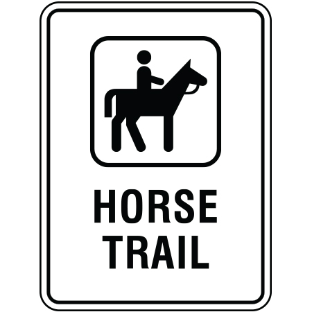 R112 Horse Trail 18 x 24, White Reflective Aluminum Sign, simple message for all parks and recreational facilities. Signs can be easily adapted to BC Parks, Parks Canada, rules and conditions of your specific area, jurisdiction, produced by Inter-Mtn.. Click to expand image