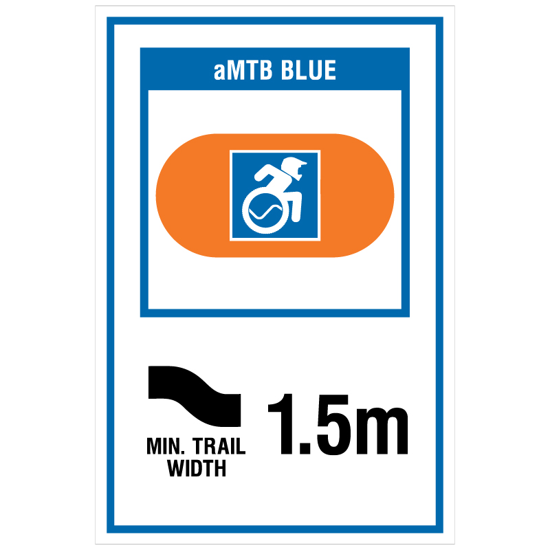aMTB Blue - Intermediate features and steeper terrain. Signage for adaptive mountain biking freeride trails shows trail designation surrounded by an orange pill. The aMTB symbol indicates accessibility for adaptive bikes/riders on adaptive bike-friendly aMTB trails on trail networks.