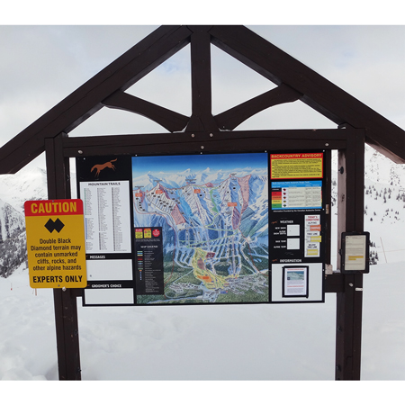 Inter-Mtn.’s graphic artists specialize in custom designing maps that highlight individual ski area features, kid centres, and/or
terrain parks. Using digital printing technology and high-end materials, the maps we supply are durable in the extreme outdoor environments.. Click to expand image