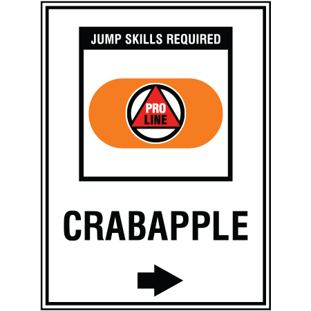 B217 18 x 24, Pro Line Freeride Mountain Bike Trail Sign, Crabapple with Arrow, coroplast and 12 gauge sign grade aluminum sheeted with top quality, high performance print* or vinyl graphics, direct people in all trail systems, technical, cross-country, freeride, downhill, professional, difficulty levels, choose your symbol, custom, mountain bike risk and liability, safety, summer, trail, downhill.. Click to expand image