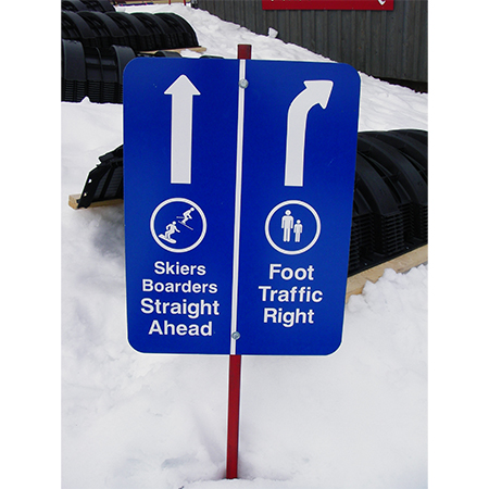 L509 Skiers Boarders Straight Ahead, Foot Traffic Right (Provide Arrow Direction) 18" x 24" Blue Reflective Aluminum lift sign for ski areas - produced by Inter-Mtn.. Click to expand image