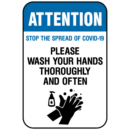 F061 Wash Your Hands Thoroughly and Often 12" x 18", white reflective aluminum physical distancing and covid sign with rounded corners - Inter-Mtn.. Click to expand image
