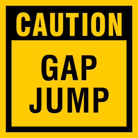 B415, 18 x 18, 12 x 12, caution gap jump, Mountain bike risk and liability, safety, summer, trail, downhill, available on white or yellow coroplast and 12 gauge sign grade aluminum sheeted with top quality, high performance print* or vinyl graphics.. Click to expand image