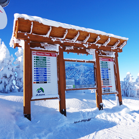 Inter-Mtn.’s graphic artists specialize in custom designing maps that highlight individual ski area features, kid centres, and/or
terrain parks. Using digital printing technology and high-end materials, the maps we supply are durable in the extreme outdoor environments.. Click to expand image