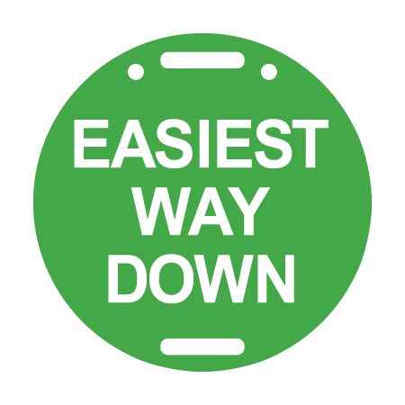D15, 11.5 x 11.5 Easiest Way Down, Green circle polythylene disc, UV protected and cost effective marking signs, holes on top to hang from rope, slots top and bottom to fit over bamboo poles, trail and ability markers.. Click to expand image