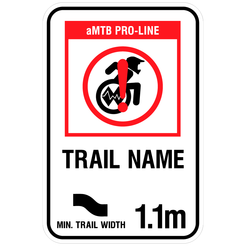 aMTB Pro-Line - Extreme trail features not suitable for most adaptive equipment. Signage for adaptive mountain biking technical trails shows trail designation. The aMTB symbol indicates accessibility for adaptive bikes/riders on adaptive bike-friendly aMTB trails on trail networks.. Click to expand image