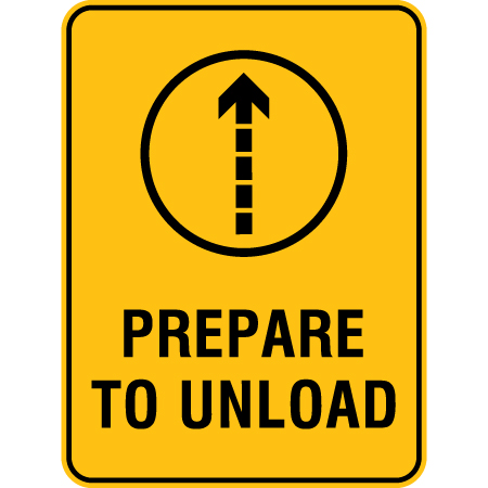 A09 18" x 24" Prepare to Unload Yellow Reflective Aluminum ANSI lift line sign for ski areas produced by Inter-Mtn.. Click to expand image