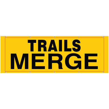 BH02 trails merge, high visibility yellow mesh banner 84x30, tear and mildew resistant high tenacity polyester, coated with fade resistant bright yellow vinyl, grommets and sleeves on sides for bamboo poles. Click to expand image