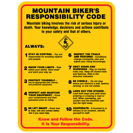 B705 Mountain Biker's Responsibility Code USA vs.2 18" x 24", White or yellow coroplast, 12 gauge sign grade aluminum sheeted with top quality prismatic reflective, high performance print or vinyl graphics, important information, liability, you assume the risk of injury, mountain bike, bike park, trail sign.. Click to expand image