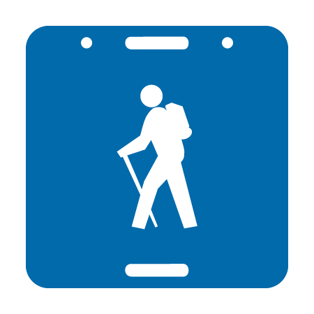 E121, 11.5 x 11.5, hiking graphic, blue square polythylene disc, UV protected and cost effective marking signs, holes on top to hang from rope, slots top and bottom to fit over bamboo poles, trail and ability markers.. Click to expand image