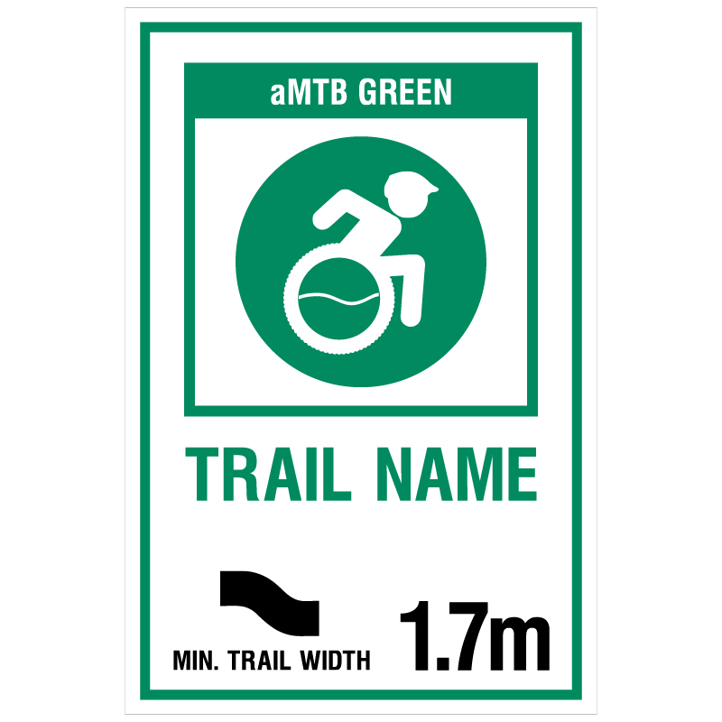 aMTB Green - Beginner features and moderate terrain. Signage for adaptive mountain biking technical trails shows trail designation. The aMTB symbol indicates accessibility for adaptive bikes/riders on adaptive bike-friendly aMTB trails on trail networks.