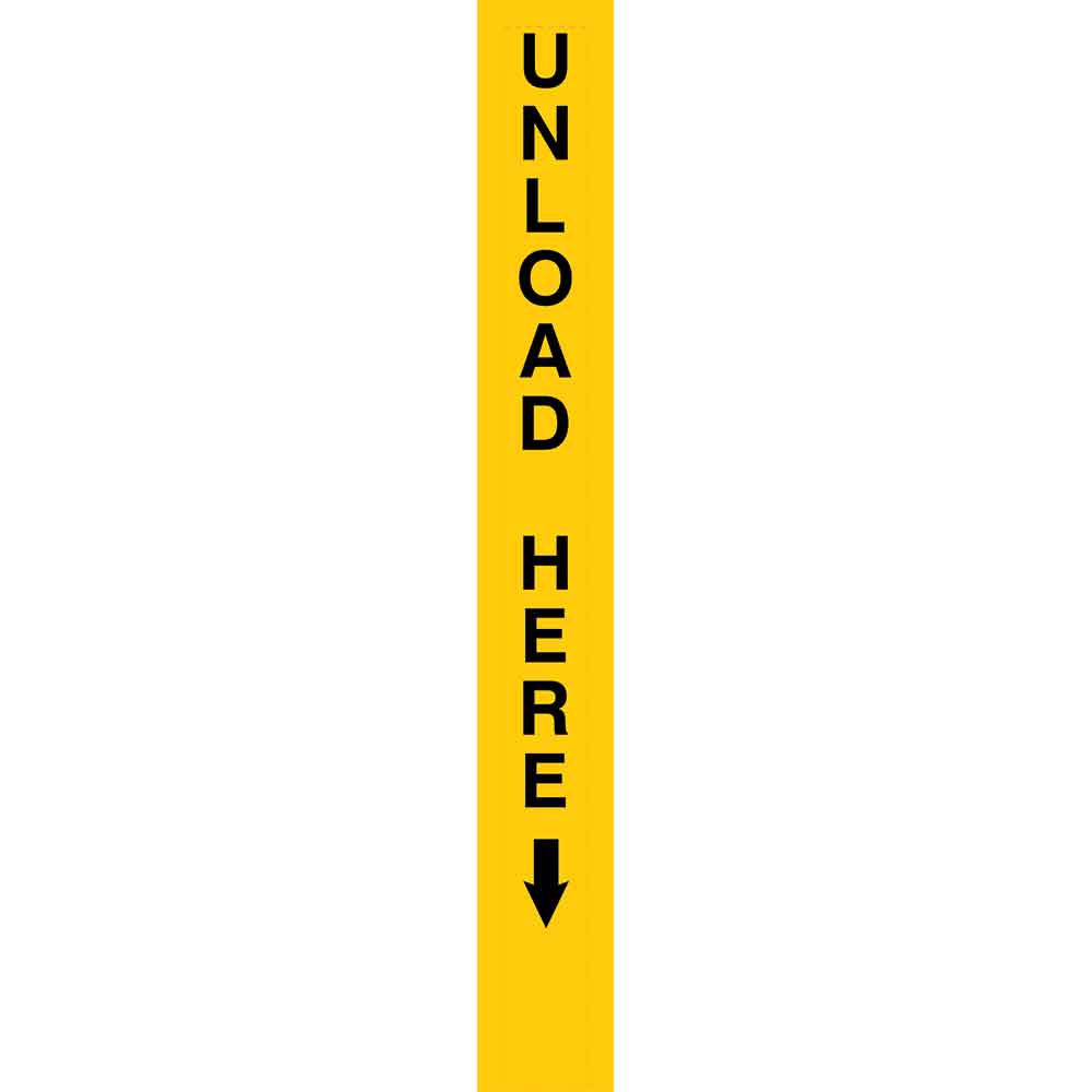 Unload Here with arrow point down - Yellow Vertical Vinyl Pole Banner 5" x 40" for ski areas and lift access mountain biking at a lift unloading area. Click to expand image