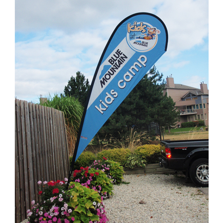 Value banners are highly visible and portable instant advertising. Used for special events, ski races, kid centres, ski school, village accents, meeting places, mountain bike competitions, hotel entrances, golf courses, and tradeshows. Made by Inter-Mtn. Enterprises.. Click to expand image