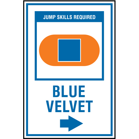 B205 12 x 18, Blue Freeride Mountain Bike Trail Sign, Blue Velvet with Arrow, coroplast and 12 gauge sign grade aluminum sheeted with top quality, high performance print* or vinyl graphics, direct people in all trail systems, technical, cross-country, freeride, downhill, professional, difficulty levels, choose your symbol, custom, mountain bike risk and liability, safety, summer, trail, downhill.. Click to expand image