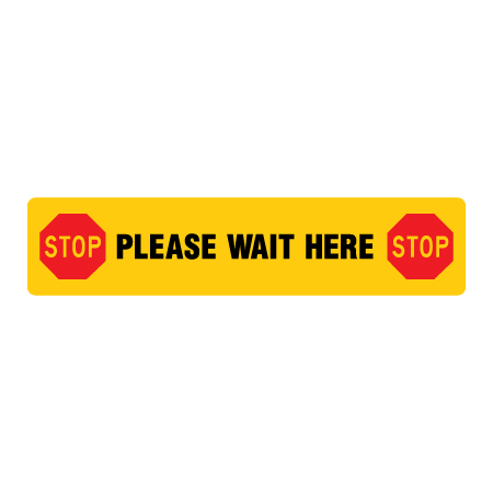 F020 Please wait here 18" x 4" Floor Decal - High Performance Yellow Printed Vinyl with Protective Laminate Physical Distancing Floor Decal or Yellow Reflective Aluminum Sign for Interior or Exterior Application - produced by Inter-Mtn.. Click to expand image
