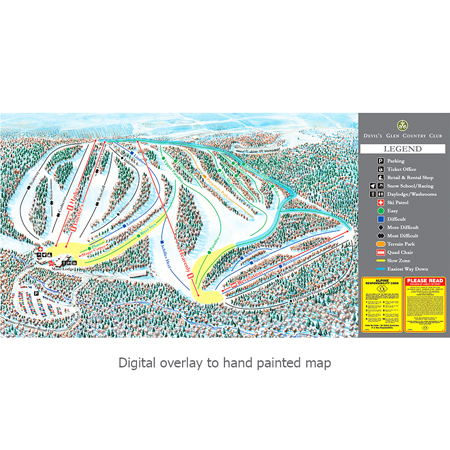 Inter-Mtn.’s graphic artists specialize in custom designing maps that highlight individual ski area features, kid centres, and/or
terrain parks. Using digital printing technology and high-end materials, the maps we supply are durable in the extreme outdoor environments.. Click to expand image