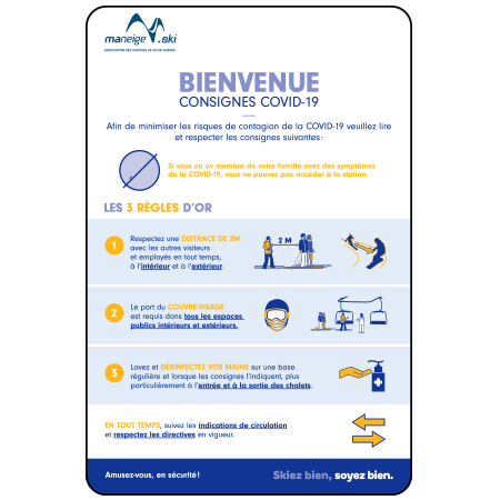 N060F Bienvenue Consignes COVID-19, white reflective aluminum physical distancing and covid sign with rounded corners - Inter-Mtn.. Click to expand image