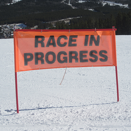 BH06 race in progress, high visibility orange mesh banner 84x30, tear and mildew resistant high tenacity polyester, coated with fade resistant high vis orange vinyl, grommets and sleeves on sides for bamboo poles.. Click to expand image
