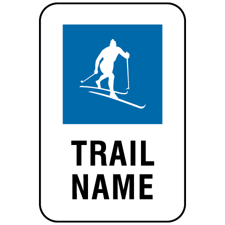 W153 Blue Nordic with Custom Trail Name 12" x 18", white reflective aluminum nordic sign with rounded corners - ski area sign - Inter-Mtn.. Click to expand image