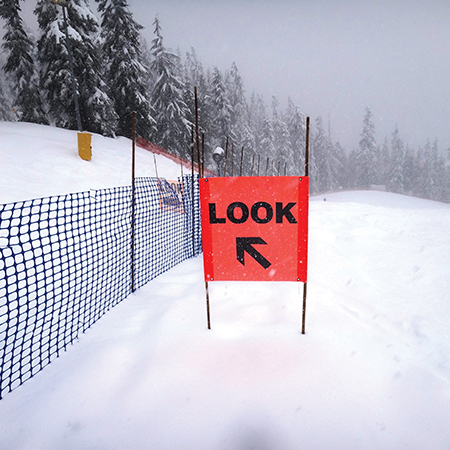 BS01 Look Right, high visibility orange square mesh banner 30x30, high visibility orange mesh banner 84x30, tear and mildew resistant high tenacity polyester, coated with fade resistant high vis orange vinyl, grommets and sleeves on sides for bamboo poles. Click to expand image