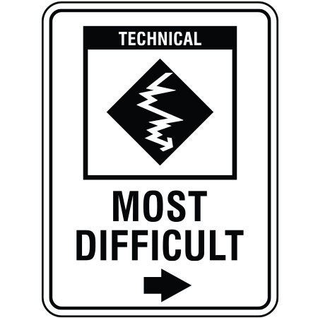 B231 18 x 24, Black Diamond Technical Mountain Bike Trail Sign, Most Difficult with Arrow, coroplast and 12 gauge sign grade aluminum sheeted with top quality, high performance print* or vinyl graphics, direct people in all trail systems, technical, cross-country, freeride, downhill, professional, difficulty levels, choose your symbol, custom, mountain bike risk and liability, safety, summer, trail, downhill.. Click to expand image