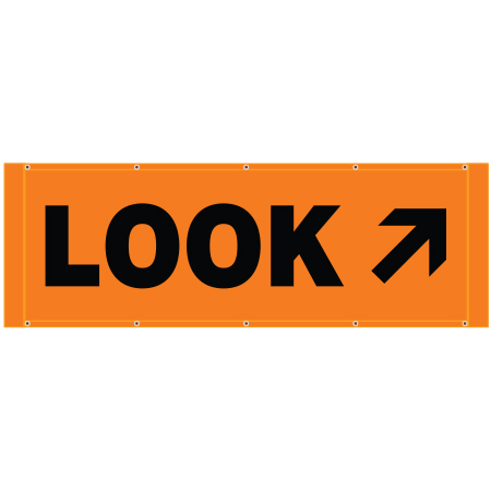 BH07 Look Right Arrow, high visibility orange mesh banner 84x30, tear and mildew resistant high tenacity polyester, coated with fade resistant high vis orange vinyl, grommets and sleeves on sides for bamboo poles. Click to expand image