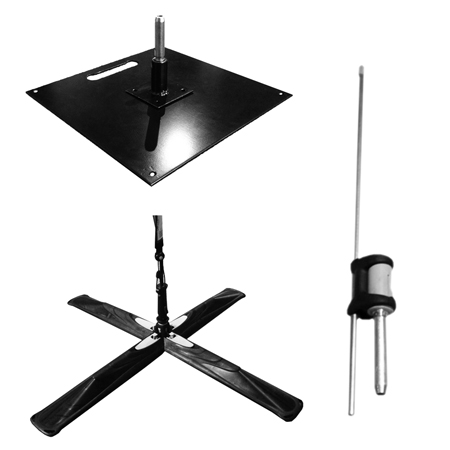Ground stake, steel base plate, and folding base for flying, feather, and wing banners and stakes.