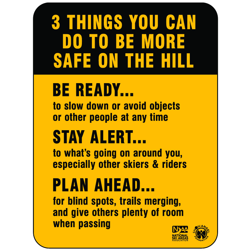 Sign reads: 3 things you can do to be more safe on the hill: be ready, stay alert, plan ahead - each with further details. Collision Safety Signage. This signage was created in collaboration with the Snow Angel Foundation and is endorsed by the National Ski Areas Association and the Canada West Ski Areas Association.. Click to expand image