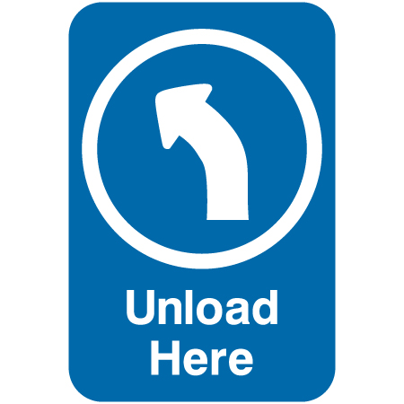 L502 Unload Here with Left Directional Arrow 12" x 18" Blue Reflective Aluminum lift sign for ski areas - produced by Inter-Mtn.. Click to expand image