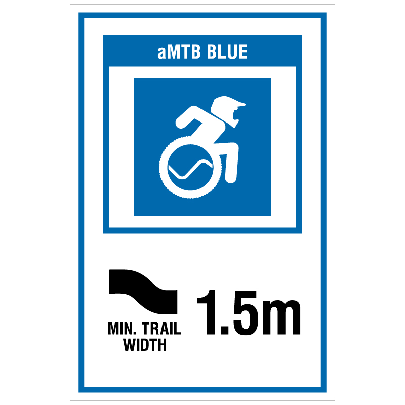 aMTB Blue - Intermediate features and steeper terrain. Signage for adaptive mountain biking technical trails shows trail designation. The aMTB symbol indicates accessibility for adaptive bikes/riders on adaptive bike-friendly aMTB trails on trail networks.