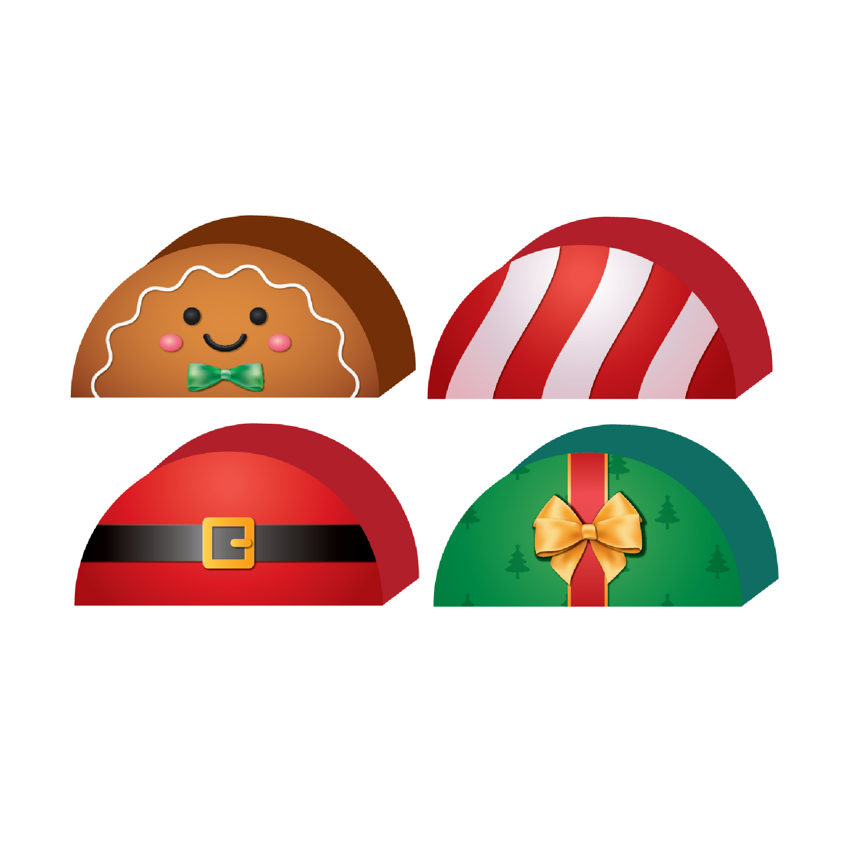 Four Kidstuff Christmas foam half-circle blocks featuring gingerbread, candy cane, Santa belt, and green gift bow designs.. Click to expand image