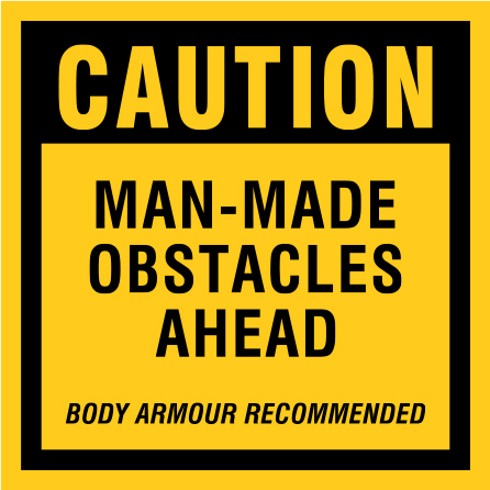 B400, 18 x 18, 12 x 12, caution man-made obstacles ahead, body armour recommended, Mountain bike risk and liability, safety, summer, trail, downhill, available on white or yellow coroplast and 12 gauge sign grade aluminum sheeted with top quality, high performance print* or vinyl graphics.. Click to expand image