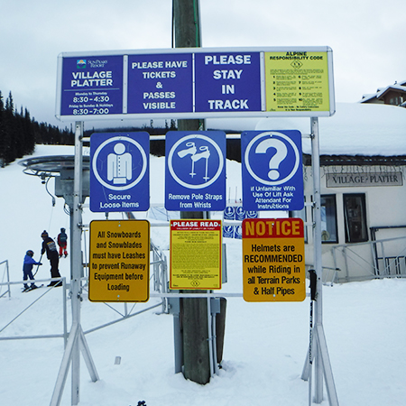 Z01 If Unfamiliar With Use of Lift Ask Attendant For Instructions, Z03 18" x 24" Remove Pole Straps From Wrists, Z11 Secure Loose Items. Blue reflective aluminum CSA - Z98 sign with rounded corners - ski area sign - Inter-Mtn.. Click to expand image