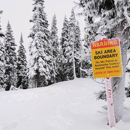 H400 18" x 24" Ski Area Boundary No Ski Patrol or Avalanche Control beyond, yellow reflective aluminum closure sign with rounded corners - ski area sign - Inter-Mtn.. Click to expand image