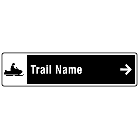Snowmobile trail sign with name and snowmobile symbol and arrow