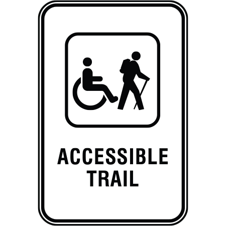 R104 12 x 18, Accessible Trail, White Reflective Aluminum Sign, simple message for all parks and recreational facilities. Signs can be easily adapted to BC Parks, Parks Canada, rules and conditions of your specific area, jurisdiction, produced by Inter-Mtn.. Click to expand image
