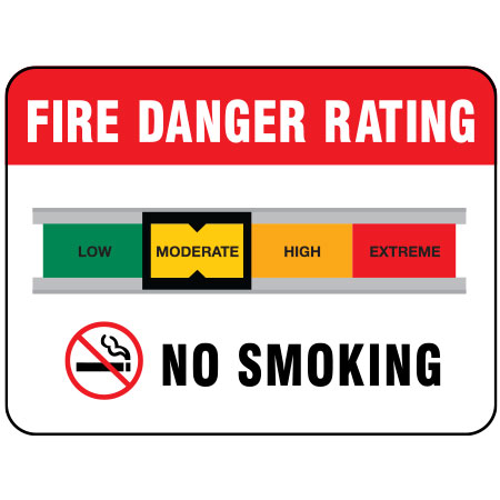 S412 Fire hazard rating low, moderate, high, extreme, no smoking, 24 x 18. Reflective Aluminum Sign, message for all parks, recreational facilities, municipal, city, town. Rules and conditions of your specific area, jurisdiction, produced by Inter-Mtn.. Click to expand image