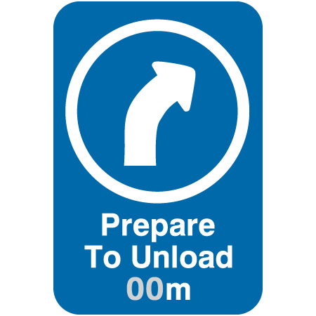 L501 Prepare to Unload (Provide Distance) with Right Directional Arrow 12" x 18" Blue Reflective Aluminum lift sign for ski areas - produced by Inter-Mtn.. Click to expand image