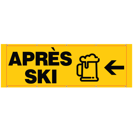 BH35 Après Ski Arrow Pointing Left, high visibility yellow mesh banner 84x30, tear and mildew resistant high tenacity polyester, coated with fade resistant bright yellow vinyl, grommets and sleeves on sides for bamboo poles. Click to expand image