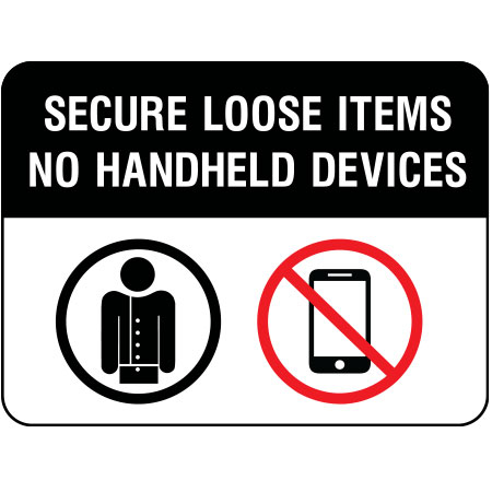 Secure Loose Items. No Handheld devices. Shows a prohibited sign over a mobile device and a silhouette of a person with no loose clothing. Aluminum Sign for Mountain Coasters at Outdoor Recreation Areas