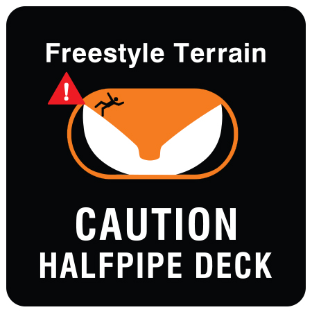 T25 24" x 24" Aluminum Sign - Freestyle Terrain - Caution halfpipe deck, terrain park sign with rounded corners - ski area sign - Inter-Mtn.. Click to expand image