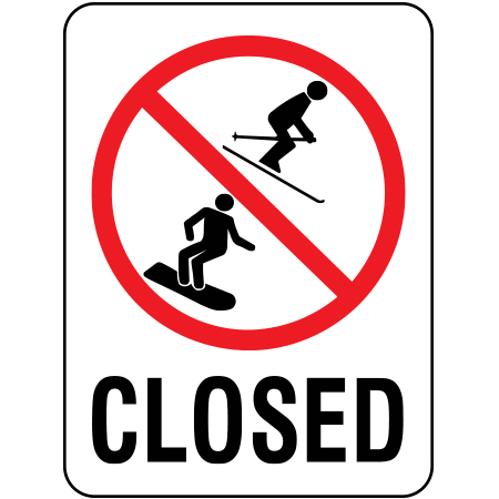 H322 Closed, 18" x 24", white reflective aluminum closure sign with rounded corners - ski area sign - Inter-Mtn.. Click to expand image
