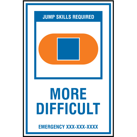 B206 12 x 18, Blue Freeride Mountain Bike Trail Sign, More Difficult, Emergency #, coroplast and 12 gauge sign grade aluminum sheeted with top quality, high performance print* or vinyl graphics, direct people in all trail systems, technical, cross-country, freeride, downhill, professional, difficulty levels, choose your symbol, custom, mountain bike risk and liability, safety, summer, trail, downhill.. Click to expand image