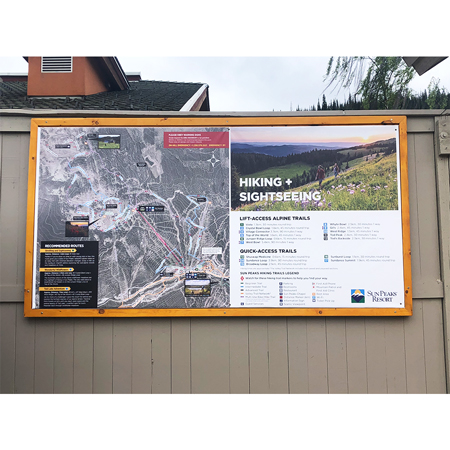 Inter-Mtn.’s graphic artists specialize in custom designing maps that highlight individual ski area features, kid centres, and/or
terrain parks. Using digital printing technology and high-end materials, the maps we supply are durable in the extreme outdoor environments.. Click to expand image