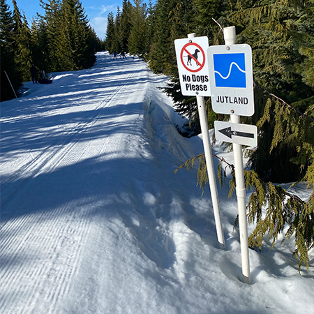 W153 Blue Nordic with Custom Trail Name 18" x 24", white reflective aluminum nordic sign with rounded corners - ski area sign - Inter-Mtn.. Click to expand image