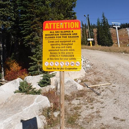 H611 18" x 24" Attention - All ski slopes & mountain terrain are closed for the season, yellow reflective aluminum closure sign with rounded corners - ski area sign - Inter-Mtn.. Click to expand image