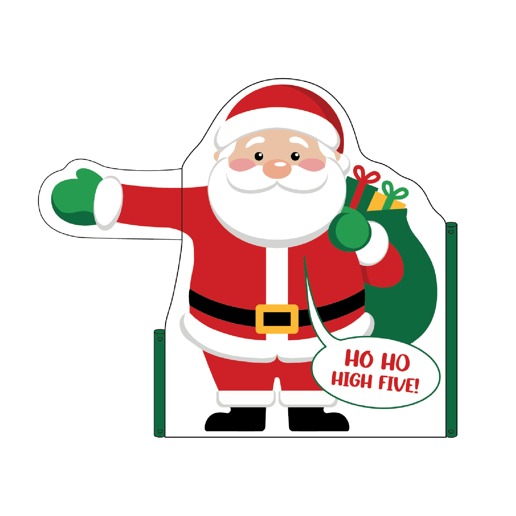 Kidstuff Santa Claus foam character with an extended high-five hand, gift sack, and "Ho Ho High Five!" speech bubble.